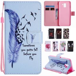 Colored Drawing Feather Print Folio Leather Wallet Cover Bracelet Rope Strap Dual Card Slots Holster Shell for Samsung J7 A8 LG Stylo4 Sony