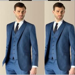 Hot Blue Wedding Tuxedos 2019 Two Buttons Notched Lapel Best man Suit Groom Suits Prom Suit Bridegroom (Jacket+Pants+Tie+Vest)