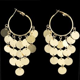 Fashion Tassel Sequins Big Round Coin Dangle Earrings For Women Crystal Beads Drop Earring Gold Colour Statement Jewellery