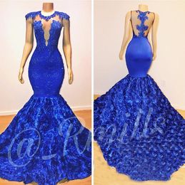 Royal Blue Mermaid Prom Dresses 2022 Rose Flowers Long Chapel Train Sheer Neck Applies Beads 2K18 African Pageant Party Dress Evening Gowns