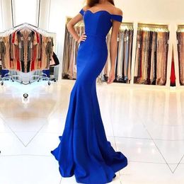 2020 Sexy Simple Royal Blue Mermaid Prom Dresses Off Shoulder Cap Sleeves Satin Open Back Sweep Train Plus Size Formal Party Evening Gowns