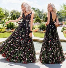 2022 Sexy Deep V Sleeveless Embroidered Prom Dress Long Slit Backless Evening Dress Floral Embroidery Skirt Plus Size High Quality