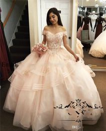 Luxury Bead Ball Gowns Quinceanera Dresses Off The Shoulder Ruffle Bling Lace Gorgeous Prom Dresses Evening Gowns259Y