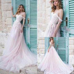 Naviblue 2020 Wedding Dresses Off Shoulder A Line Sweep Train Blush Pink Country Bridal Gowns Lace Applique Bohemian Wedding Dress Plus Size