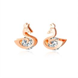 New trendy fashion luxury designer cute lovely rose gold titanium simple zircon swan stud earrings for woman girls