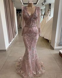 Luxury Dusty Pink Lace Appliqued Mermaid Prom Dresses Vintage Long Sleeves Sequined Beaded Evening Gown Long Formal Party Pageant 203m