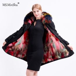 MS.MinShu Fox Hair Parkas Women Coat Natural Fur Inner Big Collar Removable Genuine Raccoon Hair Coat Real Fur Outwear