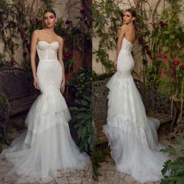 Fabulous Lace Mermaid Wedding Dresses Strapless Neck Appliqued Bridal Gowns Tulle Sweep Train Plus Size Boho Vestido De Novia 407