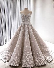 2020 New Lebanon Luxury 3D Flower Wedding Dresses Lace Beaded Dubai Royal Bridal Gowns Illusion Neck Vestidos De Novia