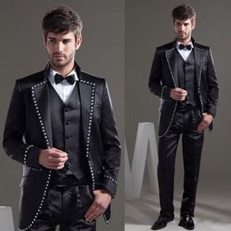 Fashion Black Satin Groom Tuxedos Diamond Groomsmen Wedding Dress Excellent Man Jacket Blazer 3 Piece Suit(Jacket+Pants+Vest+Tie) 1261