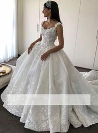 Princess Ball Gown Wedding Dresses Vintage Arabic Sweetheart 3D Floral Backless Beaded Straps Ruched Chapel Train Bridal Wedding Gowns