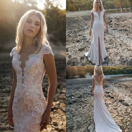 country bohemian wedding dresses jewel neck front split lace appliques bridal gowns beach mermaid wedding dress robe de mariee