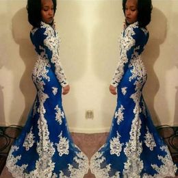 Royal Blue Ivory Lace Prom Dresses Long Sleeves Mermaid Sheath Jewel Neck Sweep Train African Plus Size Formal Evening Gowns
