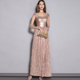 Women's O Neck Sleeveless Sequined Patchwork Elegant Long Party Prom Runway Dresses