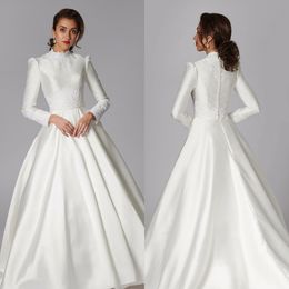 Newest Ball Gown Grace Philips Wedding Gowns High Neck Long Sleeve Satin Applique Ruched Wedding Dresses Sweep Train Bridal Gown