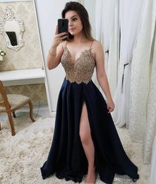 Sexy Elegant Spaghetti Straps Prom Dresses Lace Applique Beaded Top Split Chiffon Long Formal Party Evening Birthday Celebrity Gowns Custom Robe De Mariee