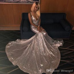 Blingbling Silver Sequined Mermaid Evening Dresses 2019 Deep V Neck Floor Length Prom Party Gown Black Girls Special Occasion Dress