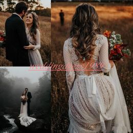 Sexy Sheer Lace Garden Wedding Dresses Backless 2019 Long Sleeve Plus Size vestido de noiva Plus Size Arabic Bridal Gown Ball Country Bride