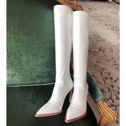 Hot Sale- fashion designer women patent leather boots Pointed high heel Knee High Boots Slip On knight boots Motorcycle boot 35-41