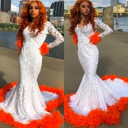 White Mermaid Prom Party Dresses 2020 Sexy Orange Feather Long Sleeve Evening Gowns Black Girls African Party Dress robe de soiree