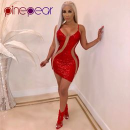 PinePear Glitter Sequin Dress 2019 NEW Bodycon Birthday Dresses Women Sexy See Through Mesh Red Christmas Party Dress Wholesale