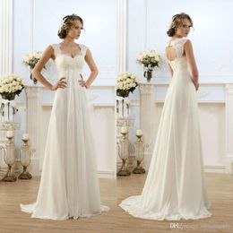 Bohemian Cheap Romantic Beach A-line Wedding Dresses Cap Sleeve Backless Chiffon Lace Applique Boho Floor Length Wedding Dress Bridal Gowns