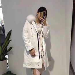 Hot sale Mukla furs brand white rabbit fur lined white long women jackets with ykk zipper white fox fur trim long girl winter parka