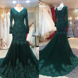 Spring 2020 Women Dresses Evening Wear V Neck Mermaid Court Train Shiny Beaded Lace and Tulle Hunter Green Long Sleeve Evening Gowns