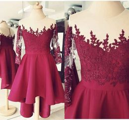 Hi Lo Long Sleeve Short Prom Dresses Cheap Burgundy Lace Satin Plus Size Party Dress Graduation Dresses For Girls Evening Cocktail Dress