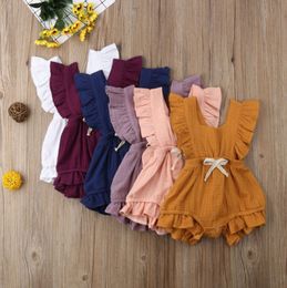 Baby Girls Rompers Ruffle Sleeve Toddler Girl Jumpsuits Candy Colour Infant Climbing Clothes Cotton Linen Baby Clothing 11 Colour DHW3867