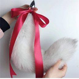 40cm/16" Real Genuine Natural Blue Fox Fur Tail Plug W Silk Metal Stainless Butt Anal Plug Sexy Stopper