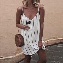 MIOARHB Summer Dress Women Sexy Striped White Dress Vintage Woman Elegant Bohemian Beach Party Dress Sleeveless Sundress A20