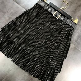 European fashion New design women high waist with belt sashes rhinestone shinny bling layered tassel fringe short skirt S M L XL