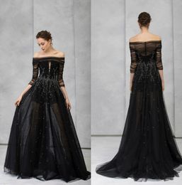 black evening dresses bateau sequined appliqued prom dresses illusion tulle custom made formal party gowns