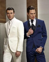 Classic Design Ivory/Navy Blue Groom Tuxedos Shawl Lape Men Wedding Dress Popular Men Business Prom Collective Suit(Jacket+Pants+Tie+Vest)86