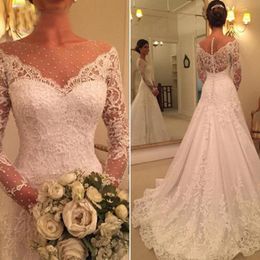 Gorgeous Wedding Dresses 2019 Sheer Bateau Neck Lace Appliques Illusion Long Sleeves Dotted Tulle Charming Bridal Gowns Sweep Train