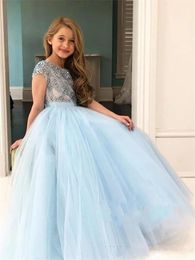 2023 Sky Blue Girls Pageant Dresses Jewel Neck Tulle Crystal Beads Floor Length Long Criss Cross Back Kids Wedding Flower Girls Dress