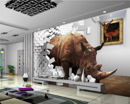 Beibehang Photo Wallpaper Rhinoceros Wall Hole Animal Mural Entrance Bedroom Living Room TV Background wallpaper for walls 3 d