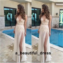 Sexy High Slit Prom Dresses Deep V Neck Lace Applique Backless Evening Gowns Chiffon Floor Length Formal Party Dresses ED1276