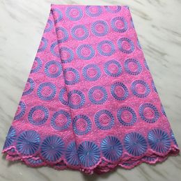 5Yards/pc new fashion pink african cotton fabric and blue embroidery swiss voile dry lace for clothes BC107-6