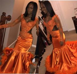 African Orange Mermaid Prom Dresses 2019 Low Neck Long Sleeves Cutaway Side Lace Feather Prom Dress Women Sexy Party Gowns BC1154