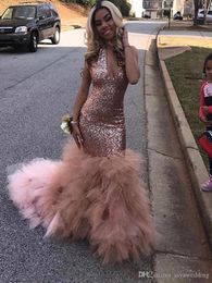 Black Girls Sequins Mermaid Rose Pink Long Prom Dresses 2020 Sexy Halter Deep V Neck Organza Skirt Evening Party Gowns