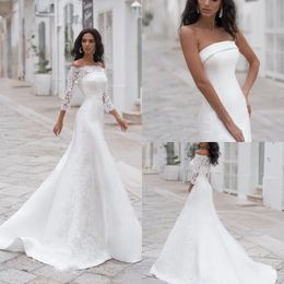 Newest Simple Mermaid Wedding Dresses With Jacket Strapless Sleeveless Lace Applique Wedding Gown Sweep Train robe de mariée