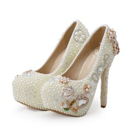 Customised Luxury Diamond Rhinestone High Heels Women Wedding Shoes Ivory Pearl Bridal Platforms Adult Ceremony Party Prom Pumps