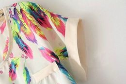 Fashion-New Women Fashion shirt Blouses Feather Printed short sleeve Loose Shirt Women Chiffon Top Tees plus size S-XL