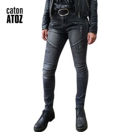 catonATOZ 2168 Women Fashion Black Punk Motor Biker Jeans Women`s Stretch Slim Fit Ripped Denim Pants Skinny Jeans For Woman Y19042901