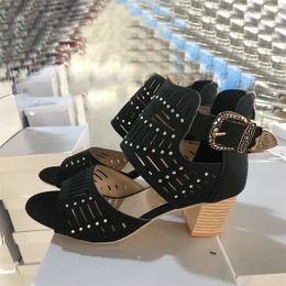 2020 New Women Summer Sandal Fashion Balck High Heel with Sparkles Leather Sandals Dress Ladies Shoes Mid-heel Good Quality with Box