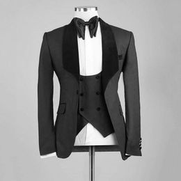 Fashion One Button Black Navy Blue White Wedding Men Suits Shawl Lapel Three Pieces Business Groom Tuxedos Jacket Pants Vest Tie259p