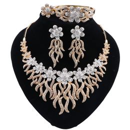 Trend African Classic Women Jewellery Gold Colour Necklace Earrings Bracelet Ring Set Wedding Flower Style Jewellery Set