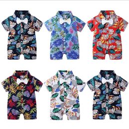 Baby Boy Clothes Leaf Printed Toddler Romper Bow Infant Boys Jumpsuits Short Sleeve Children Outfits Boutique Baby Clothing DW5325